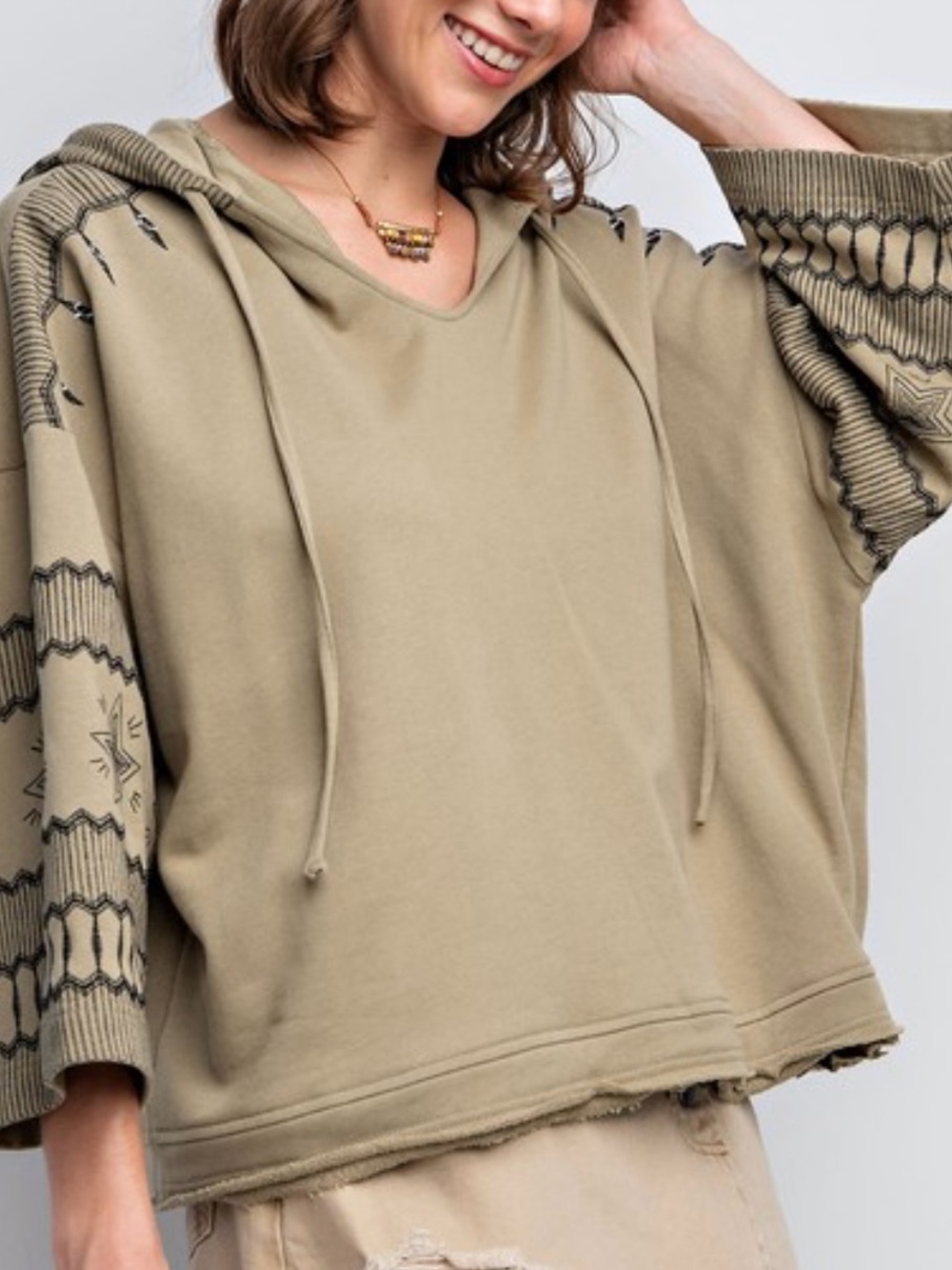 NWT Easel  Olive-Taupe Patterned Sleeve Hooded Pullover